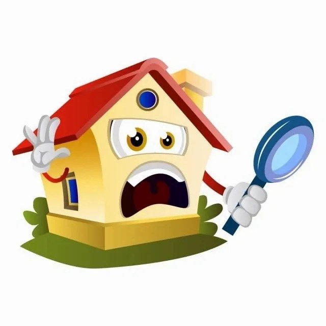 a yellow cartoon house looking through a magnifying glass. He needs home pest inspecion.
