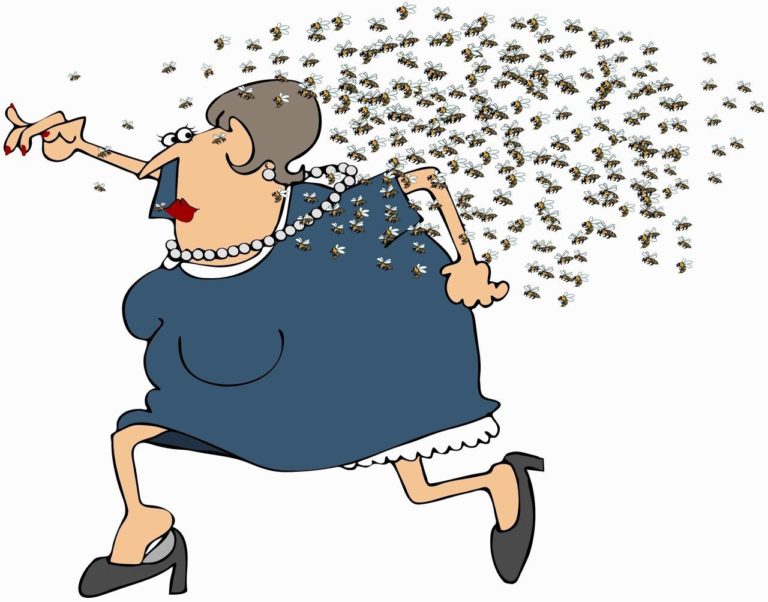 a cartoon lady running away from a swarm of wasps. Wasp stings