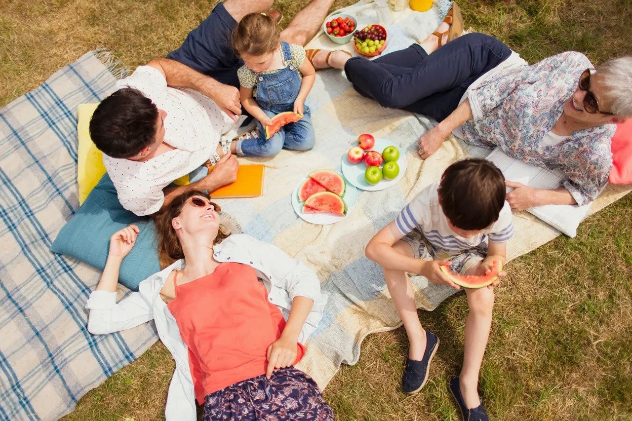 A family sitting on blankets having a picnic
