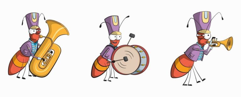 Cartoon ants go marching in a band
