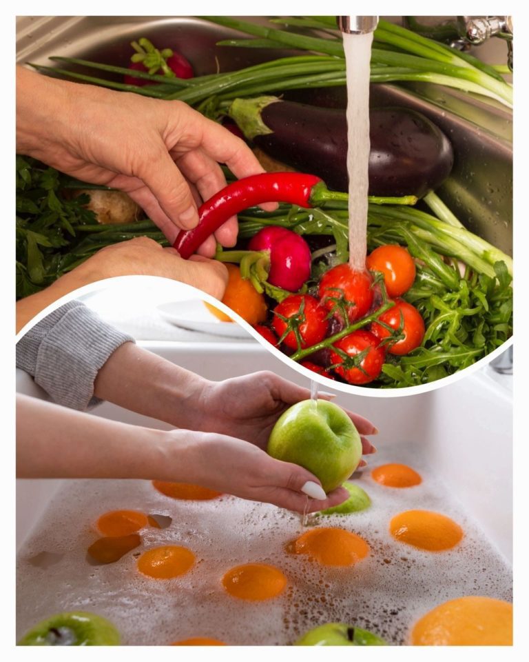 Cleaning fruits and veggies in a sink to get rid of pesticides
