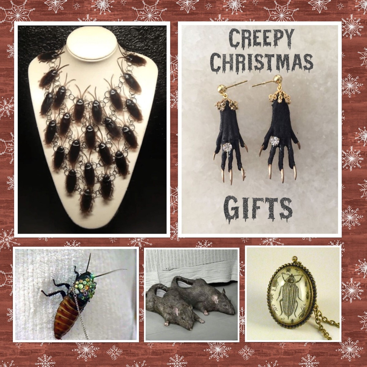 Collage of insect jewellery. Creepy Christmas gifts.