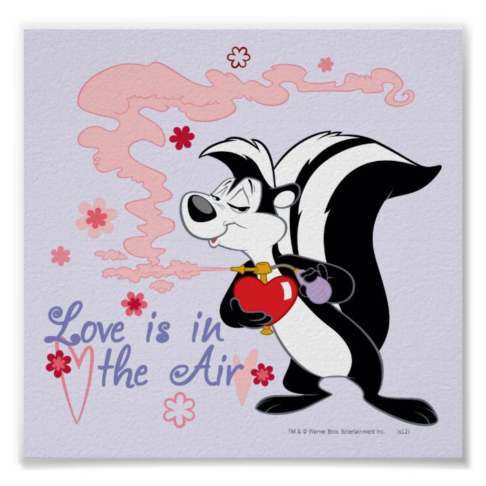 Cartoon pepe le pew and the words love is in the air for Valentine's Day