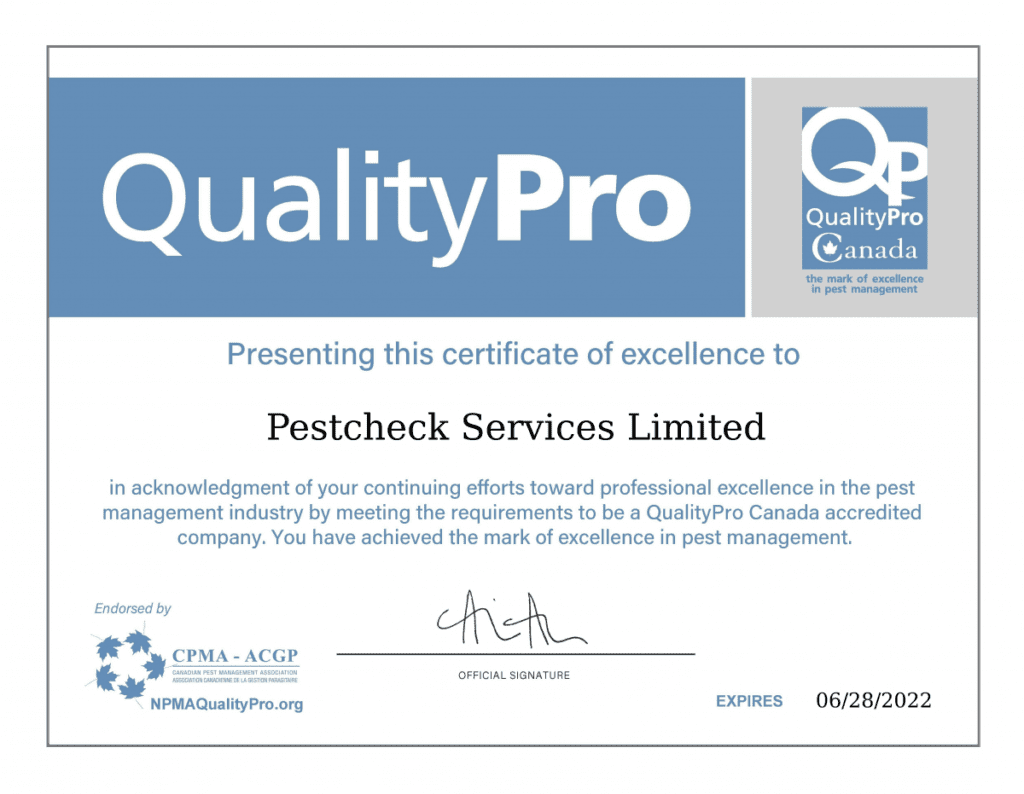 qualitypro canada certificate for Pestcheck