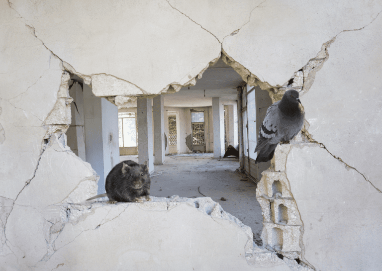 Hole in the wall of a derelict building. Requires a rodent abatement report
